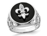 Men's Fleur De Lis Synthetic Cubic Zirconia and Black Onyx Ring in Sterling Silver